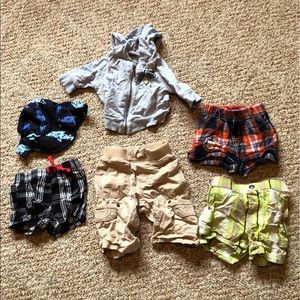 Assorted 6-12 month baby boy shorts and a hat